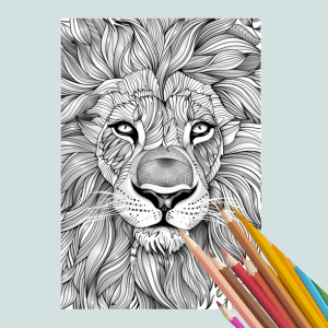 Coloring book with a lion illustration and colored pencils on a light blue background