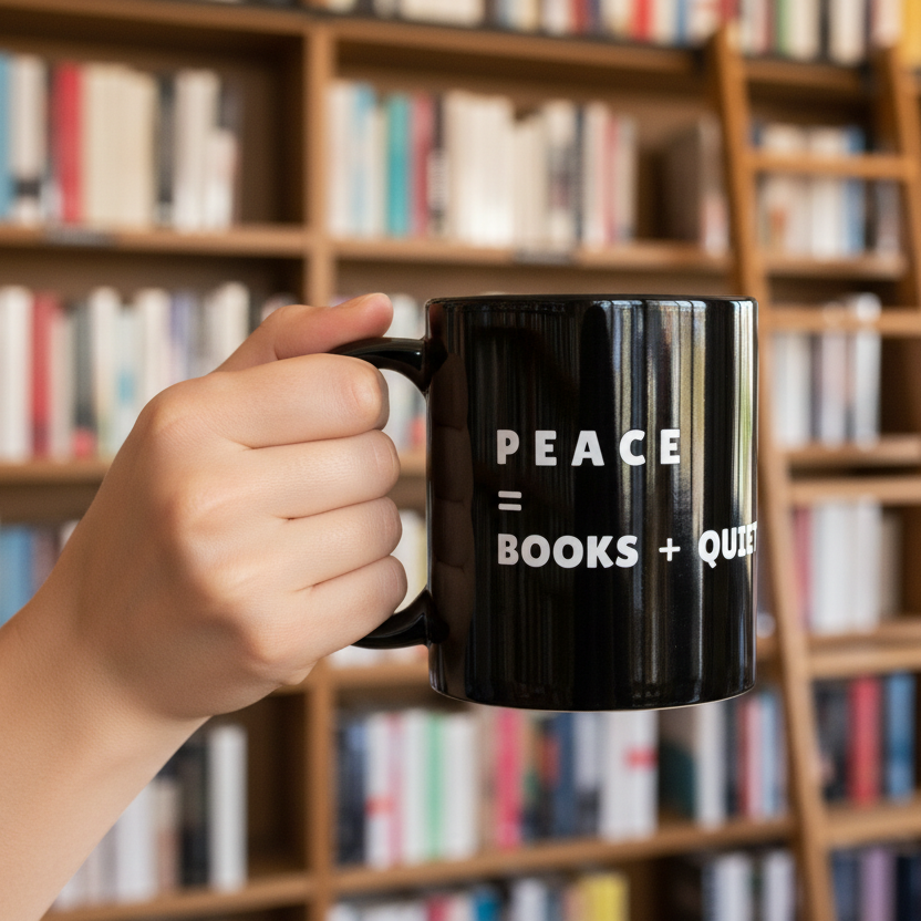 Person holding a black mug with 'PEACE = BOOKS + QUIET' text in front of bookshelves.
