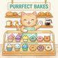 Cartoon cat bakery owner with pastries and 'Purrfect Bakes' sign