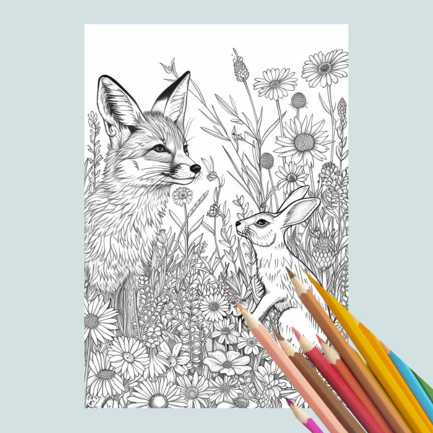 Coloring book page with a fox and rabbit illustration and colored pencils on a light blue background