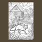 coloring page  of a fox in a forest with a house in the background 