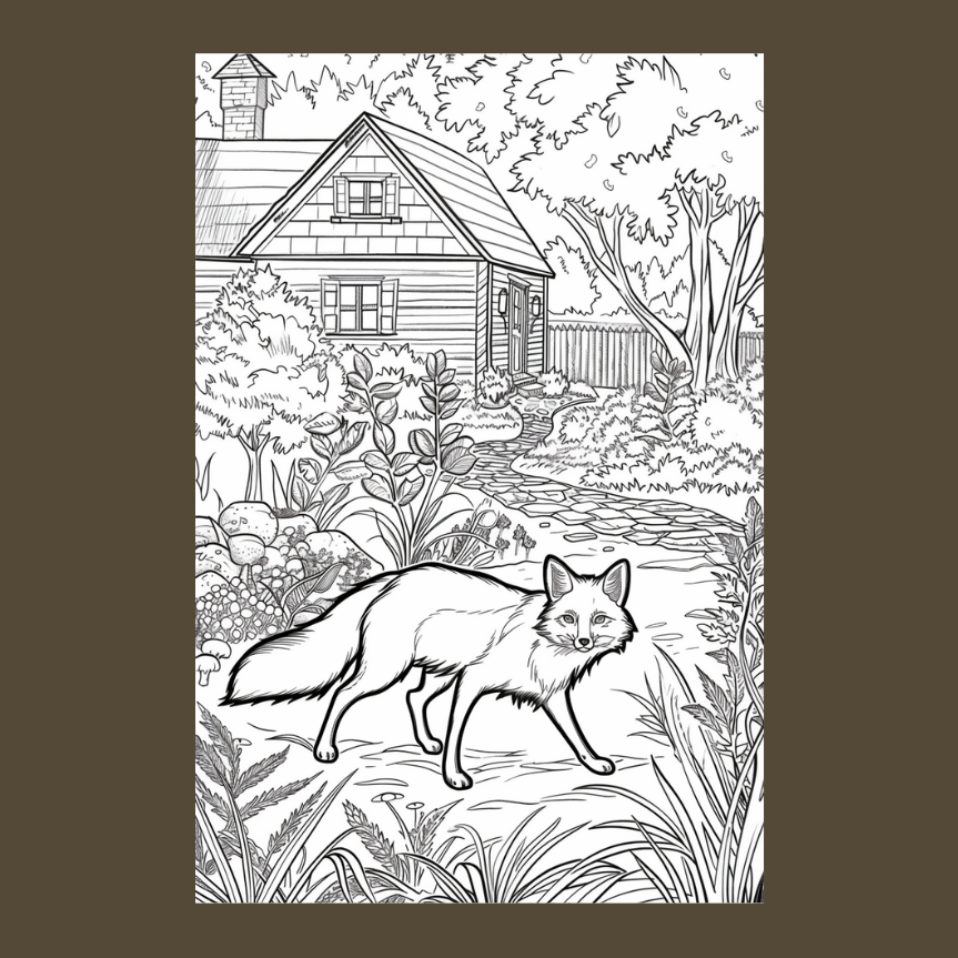 coloring page  of a fox in a forest with a house in the background 