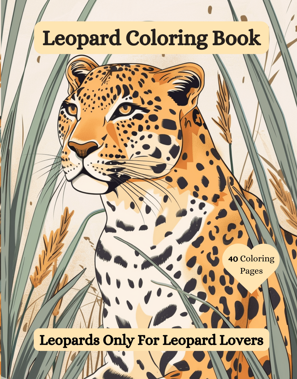 Leopard Coloring Book cover with a leopard illustration and text about coloring pages.