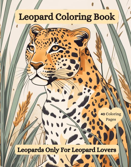 Leopard Coloring Book cover with a leopard illustration and text about coloring pages.