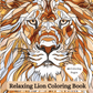 Coloring book cover with a detailed illustration of a lion's face, titled 'Relaxing Lion Coloring Book'.
