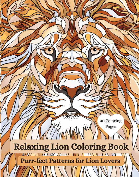 Coloring book cover with a detailed illustration of a lion's face, titled 'Relaxing Lion Coloring Book'.