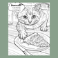 A black and white line art illustration of a curious cat reaching for a slice of pizza on a plate, with a speech bubble that reads 'Paws off! I am barely touching it.' The artwork is centered on a muted sage green background.