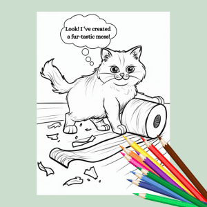 A black and white cartoon cat coloring page with a thought bubble that says 'Look! I've created a fur-tastic mess!' and colored pencils in the bottom right corner, set against a light green background.