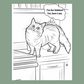 A black and white line art illustration of a cat standing on a kitchen counter with a speech bubble that says, 'I'm fur-bidden? Yes, here I am.' The artwork is centered on a muted sage green background.