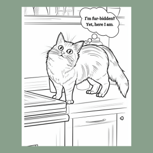 A black and white line art illustration of a cat standing on a kitchen counter with a speech bubble that says, 'I'm fur-bidden? Yes, here I am.' The artwork is centered on a muted sage green background.
