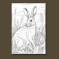 Coloring page of a rabbit in tall grass on a brown background
