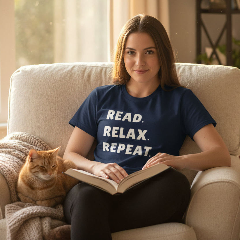 Woman sitting on a couch with a cat, reading a book, wearing a navy blue t-shirt with text.