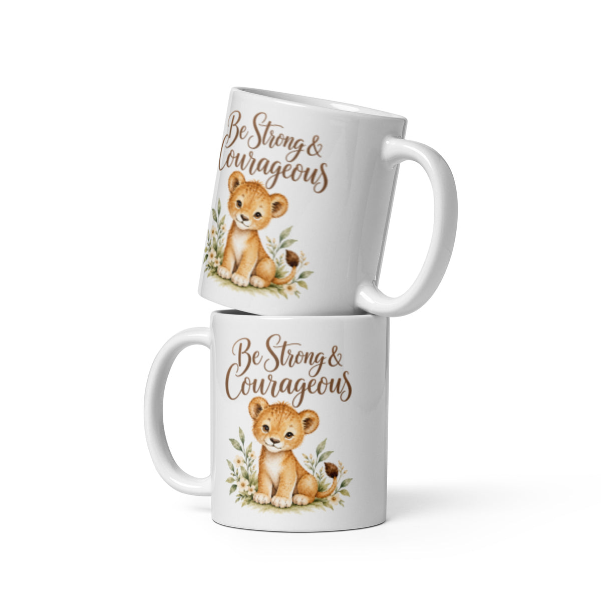 Be Strong and Courageous Lion Mug – 11 oz white mug, front view