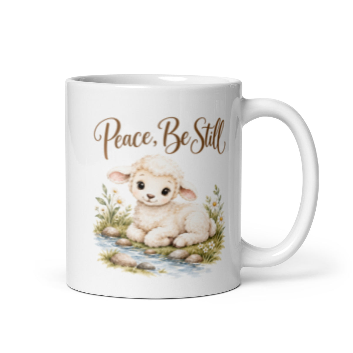 Peace Be Still Lamb Mug – 11 oz white mug, handle on right