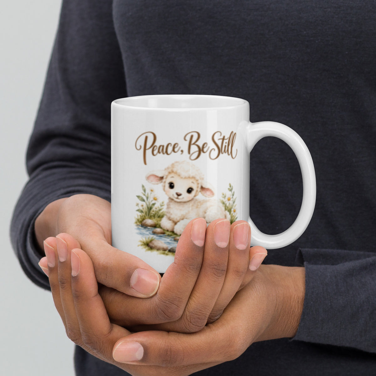 Peace Be Still Lamb Mug – 11 oz white mug, side view