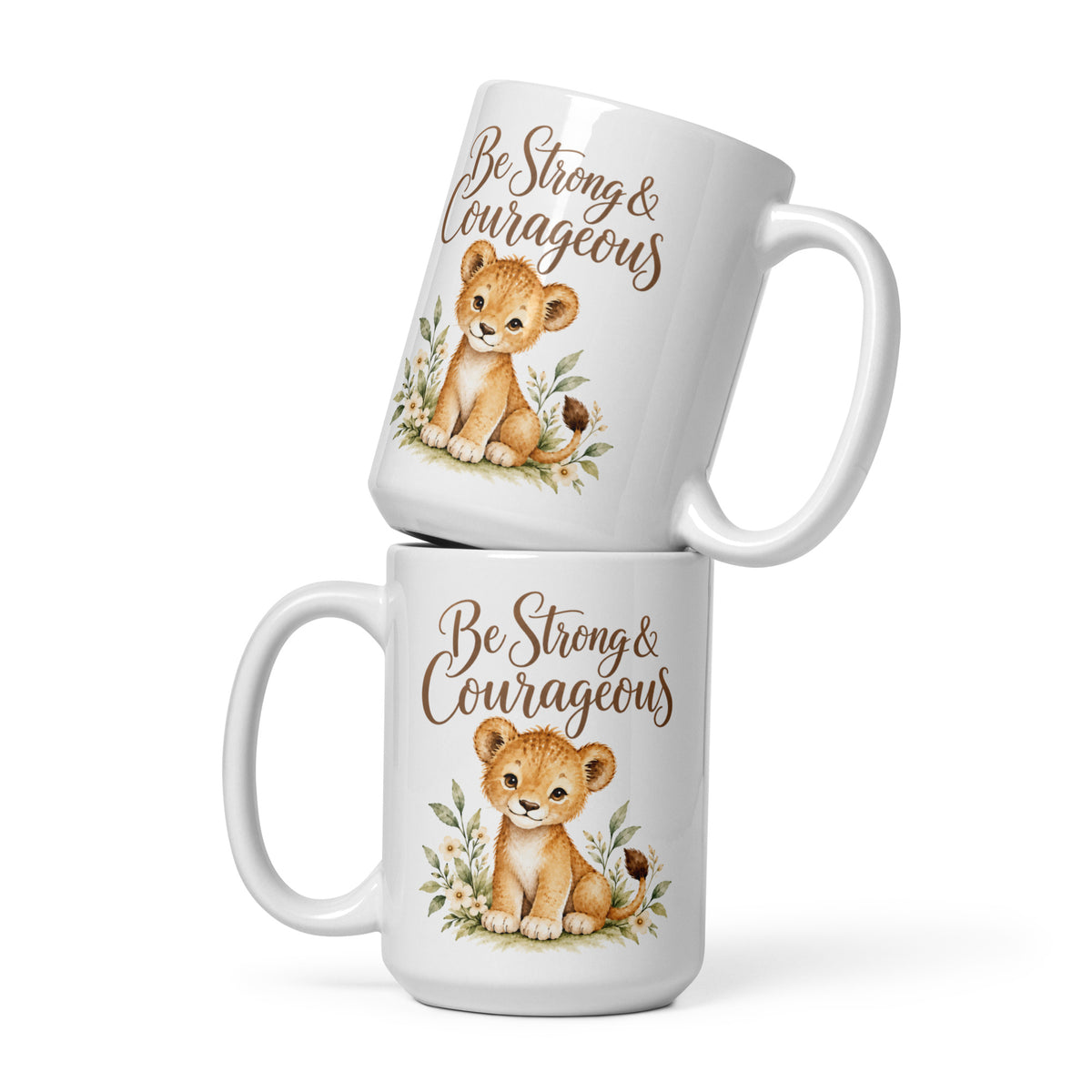 Be Strong and Courageous Lion Mug – 15 oz white mug, front view