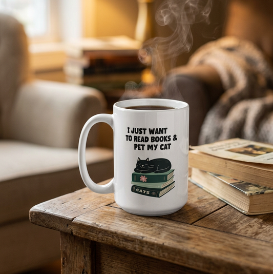 Read Books & Pet My Cat Mug – 15 oz white glossy mug, handle on left