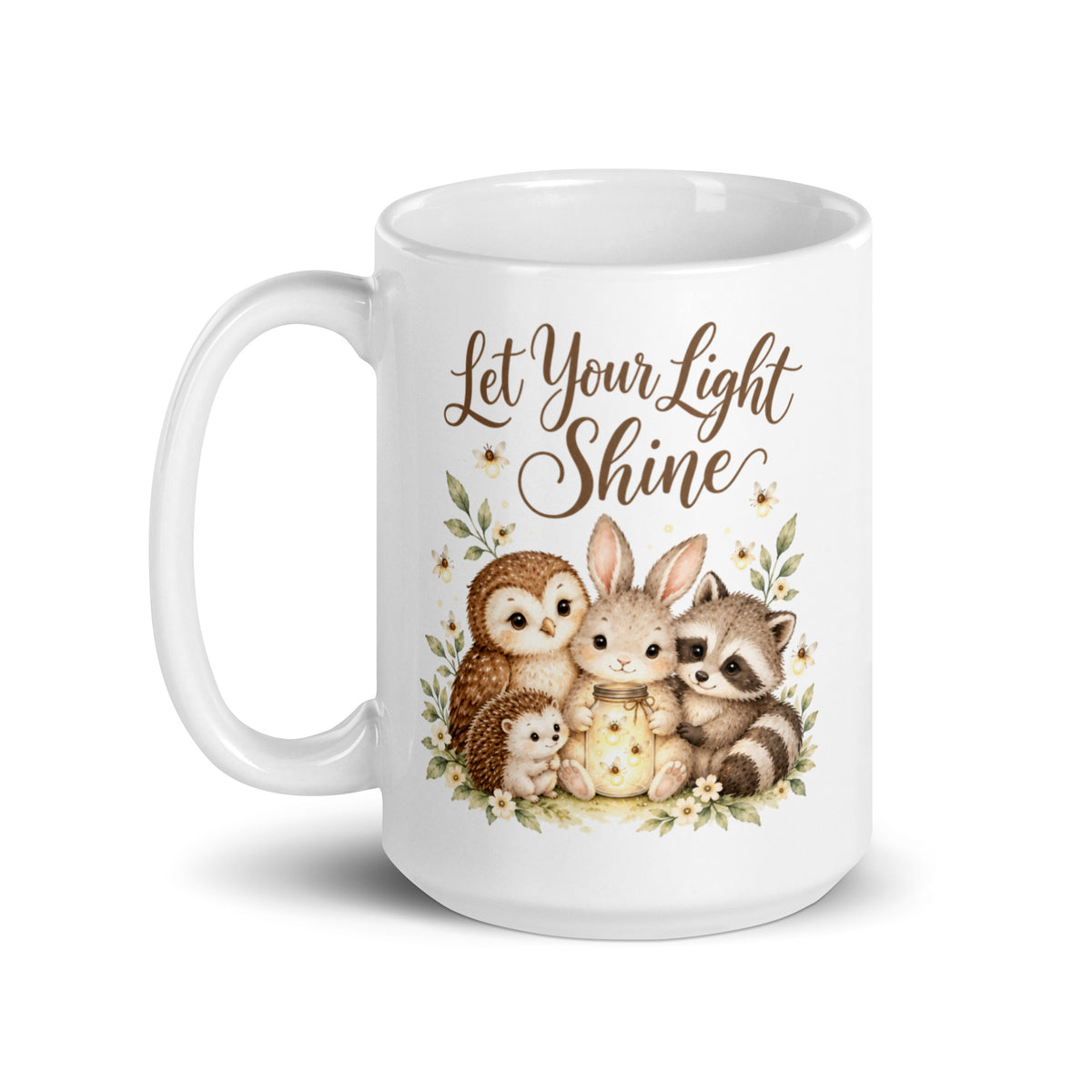 Let Your Light Shine Woodland Mug – 15 oz white mug, handle on left