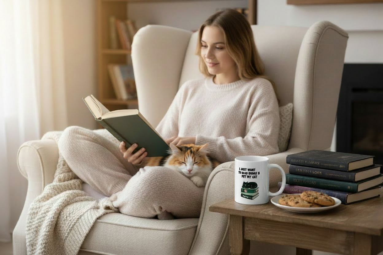 I just want to read books & pet my cat mug